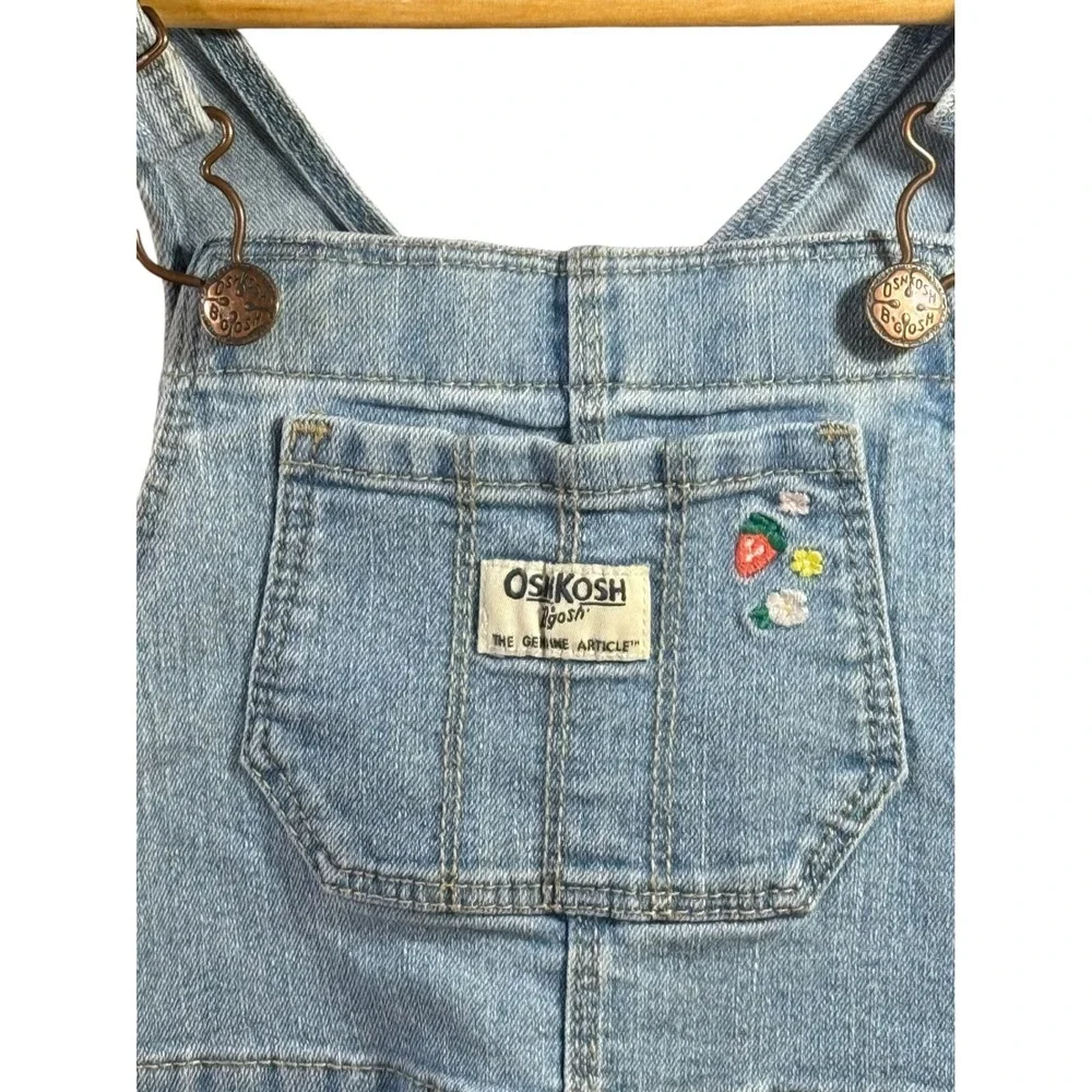 OshKosh B'gosh Girls 4T Light Wash Denim Overalls Strawberry Floral Embroidered